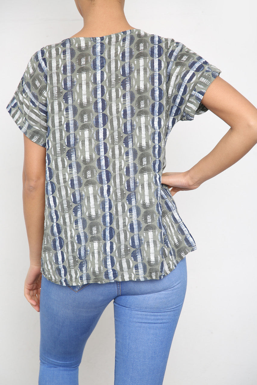 Dames T-shirt met Strepenprint en Korte Mouwen Khaki