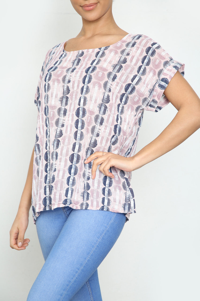 Ladies Circle Stripes Print Short Sleeved Top Dusty Pink