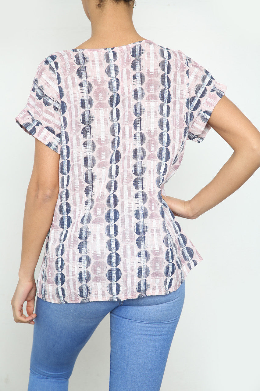 Ladies Circle Stripes Print Short Sleeved Top Dusty Pink