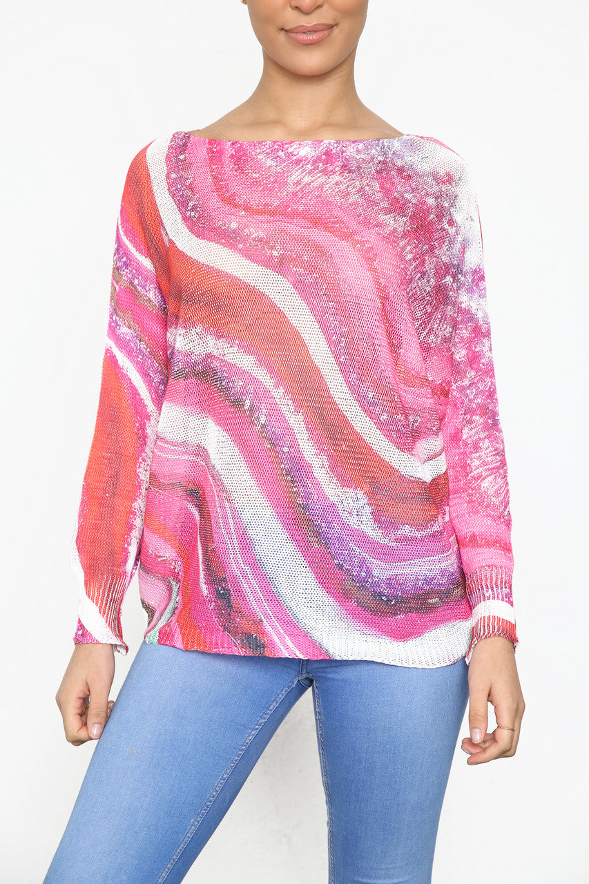 Ladies Watercolour Marble Print Knitted Top Cerise