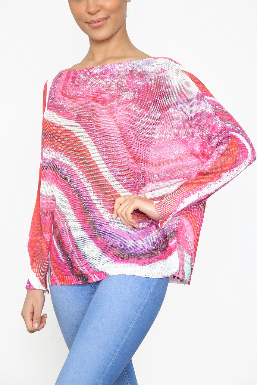 Ladies Watercolour Marble Print Knitted Top Cerise