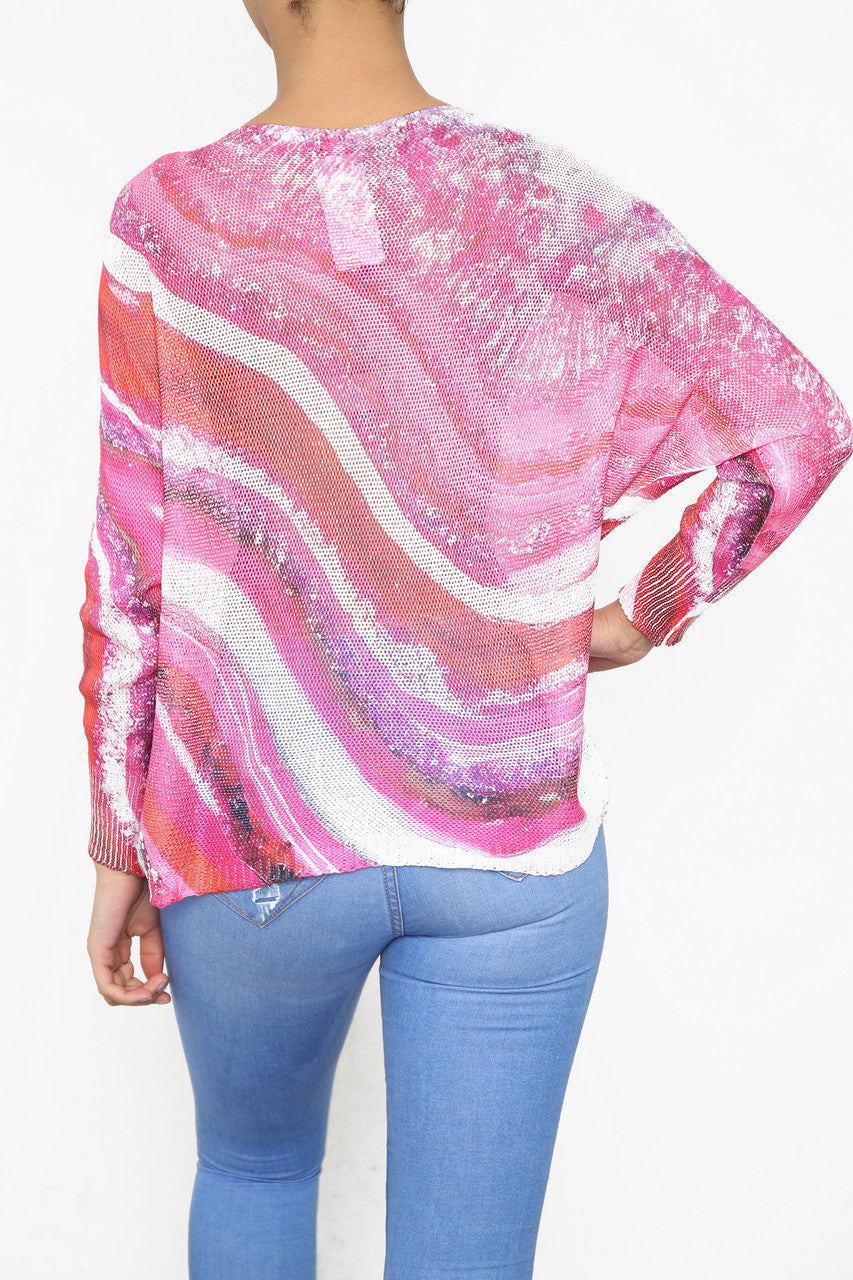 Ladies Watercolour Marble Print Knitted Top Cerise