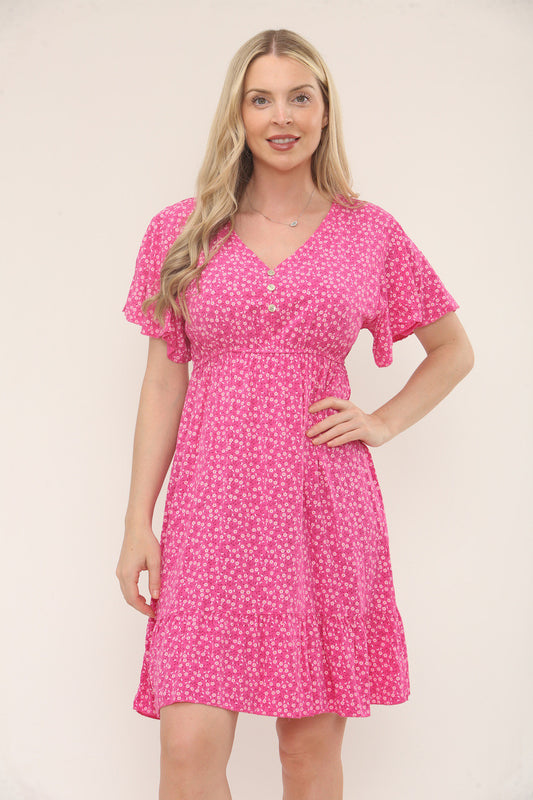 DITSY FLORAL PRINT BUTTON-FRONT DRESS - CERISE