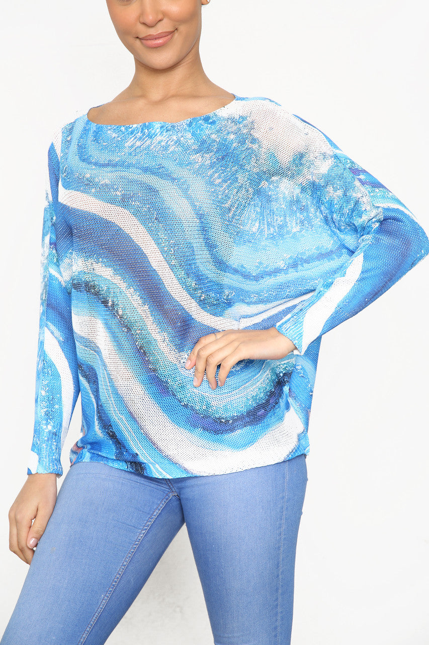 Ladies Watercolour Marble Print Knitted Top Blue