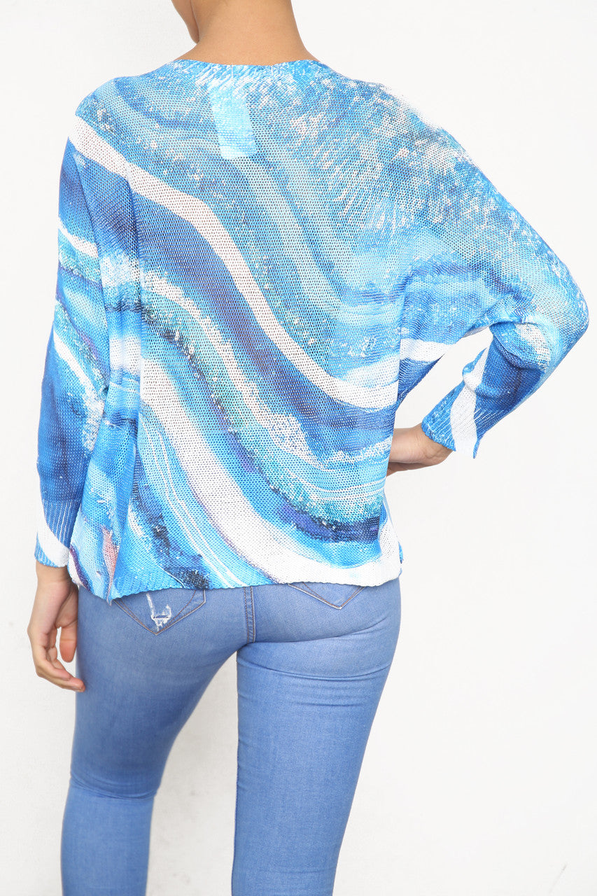 Ladies Watercolour Marble Print Knitted Top Blue