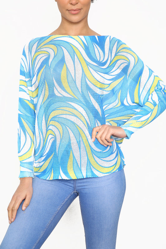 Ladies Bold Marble Print Knitted Top Blue