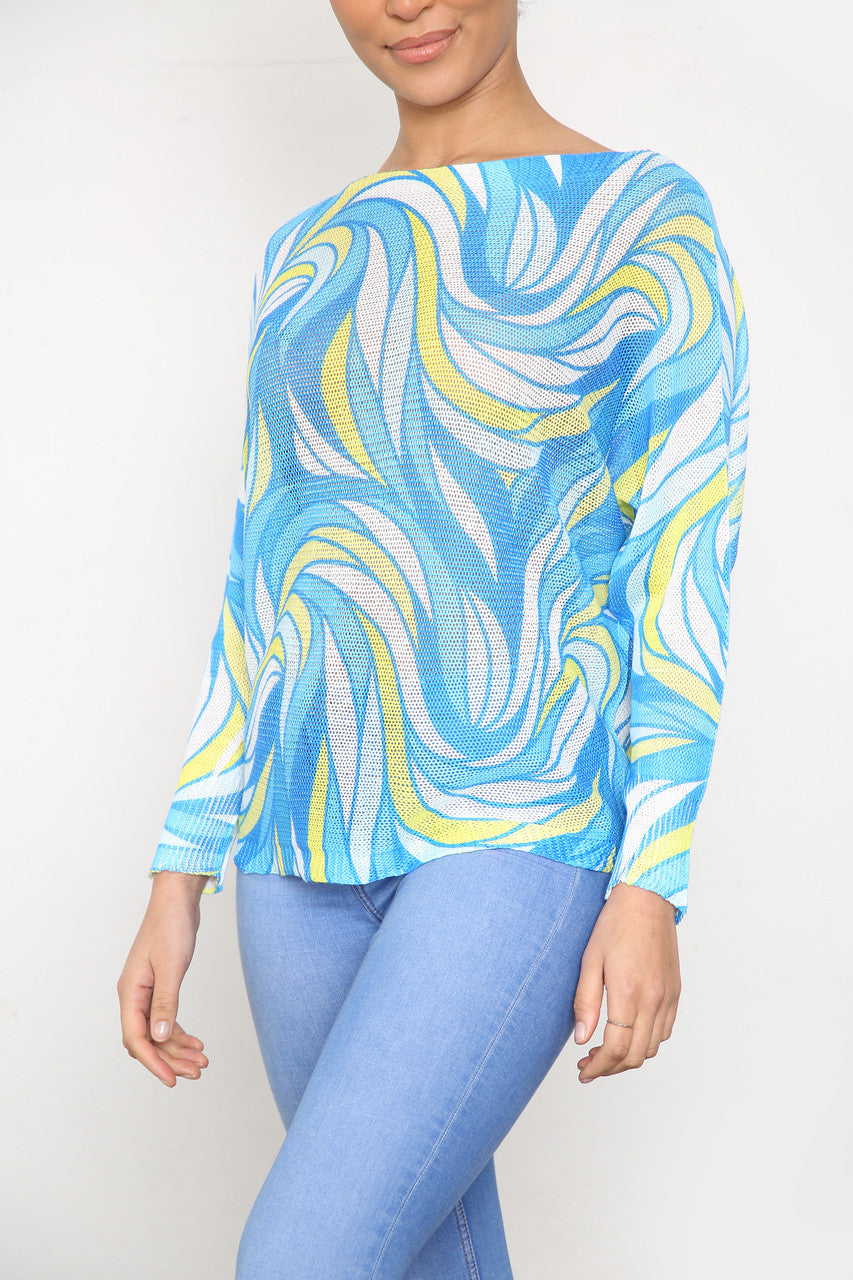 Ladies Bold Marble Print Knitted Top Blue