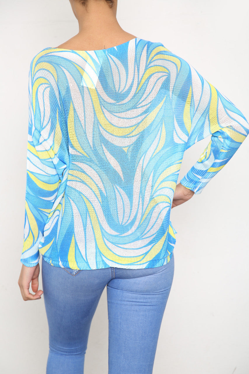 Ladies Bold Marble Print Knitted Top Blue