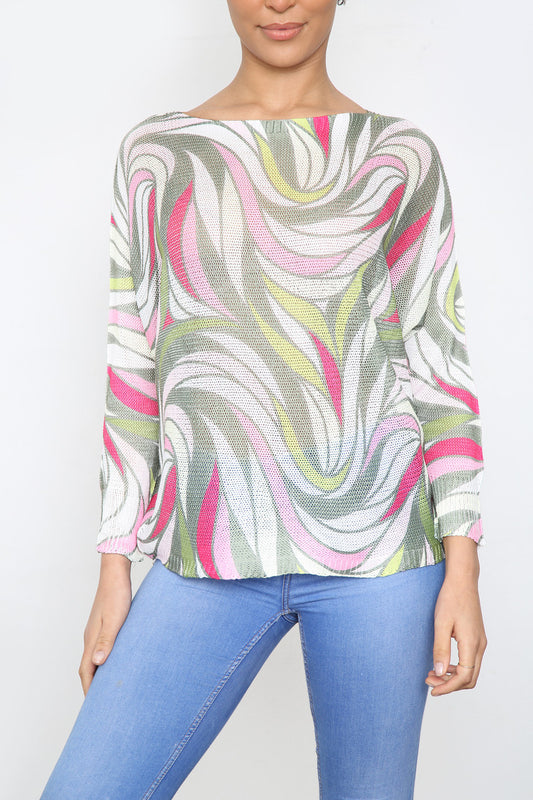 Ladies Bold Marble Print Knitted Top Khaki