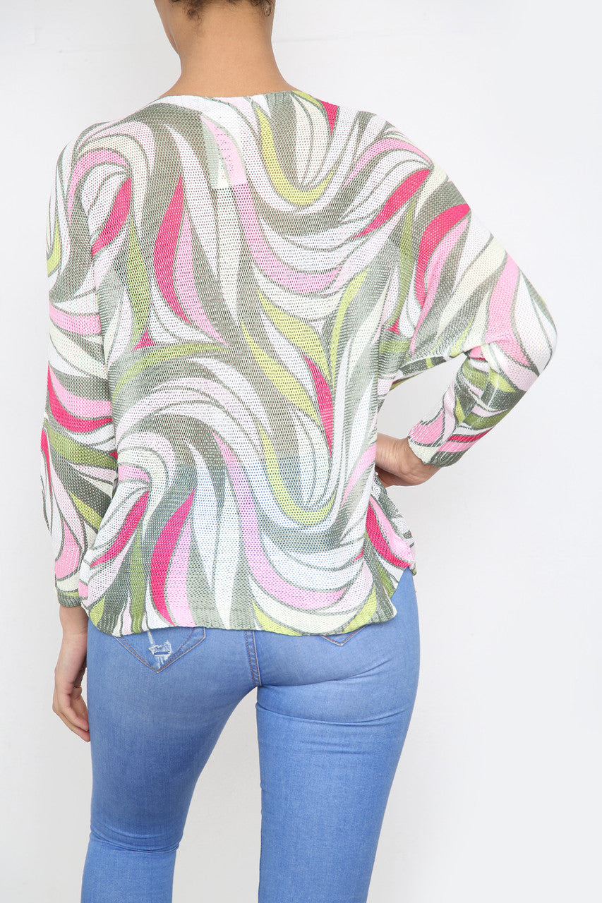 Dames Gebreide Top met Gedurfde Marmerprint Kaki