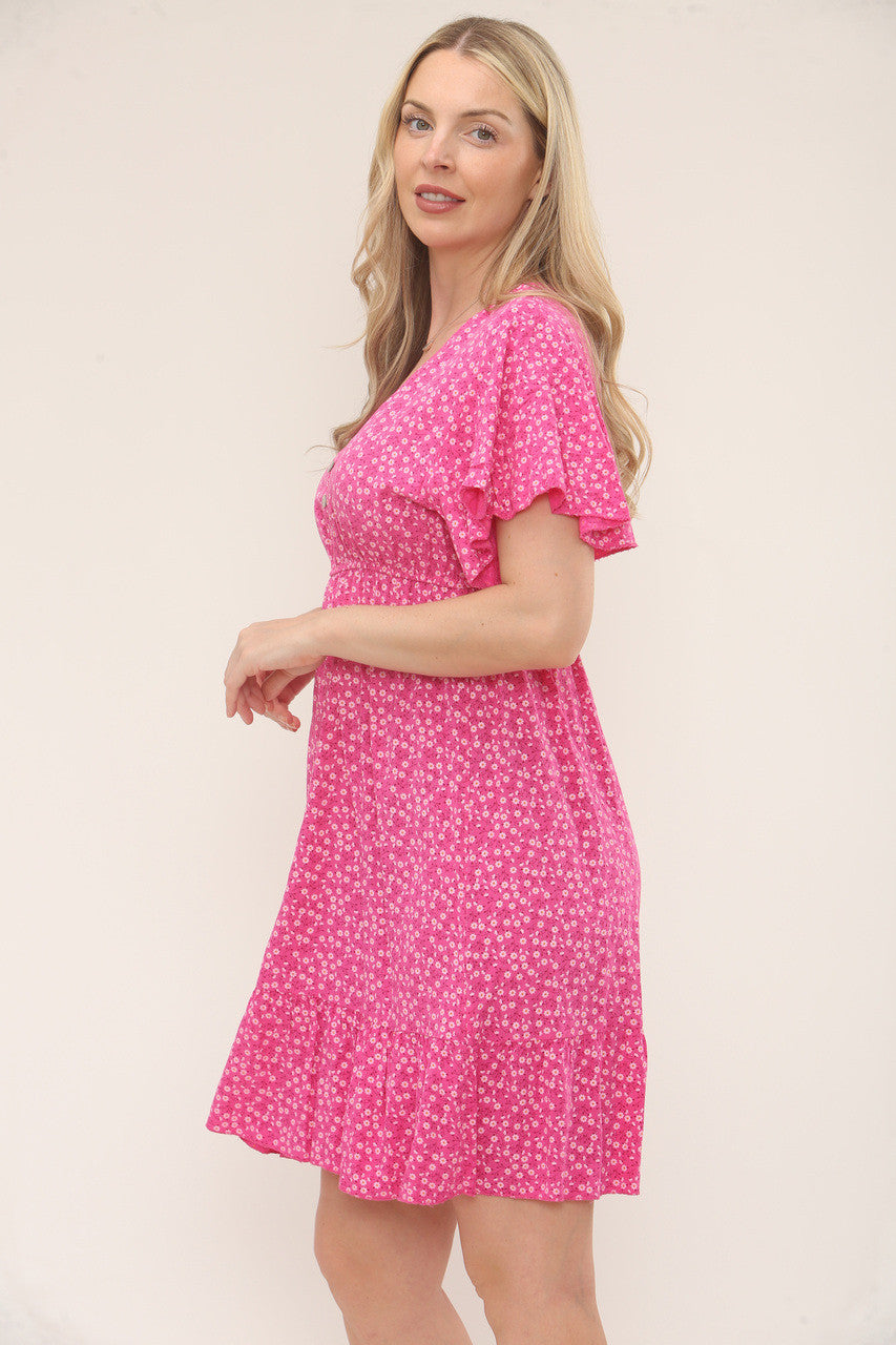 DITSY FLORAL PRINT BUTTON-FRONT DRESS - CERISE