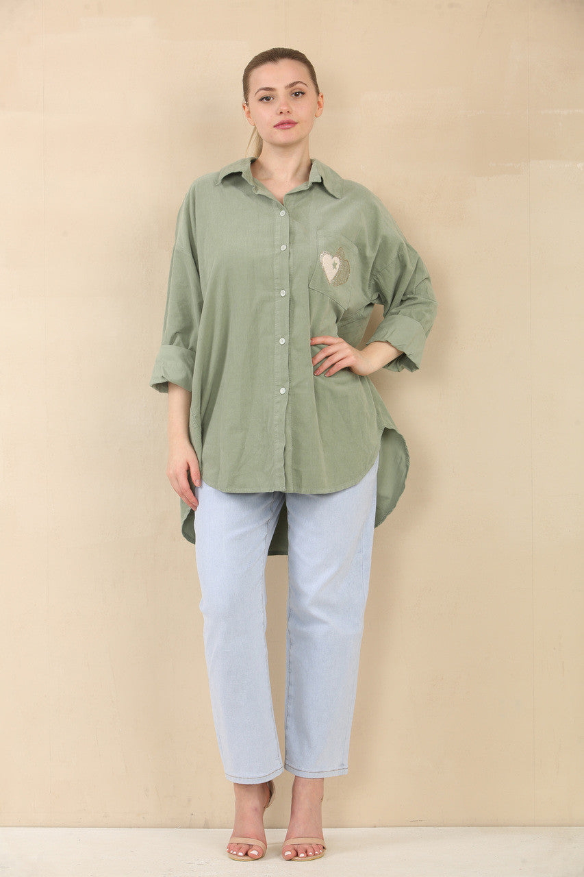 NEEDLECORD SHIRT WITH HEART STAMP POCKET DETAIL - KHAKI