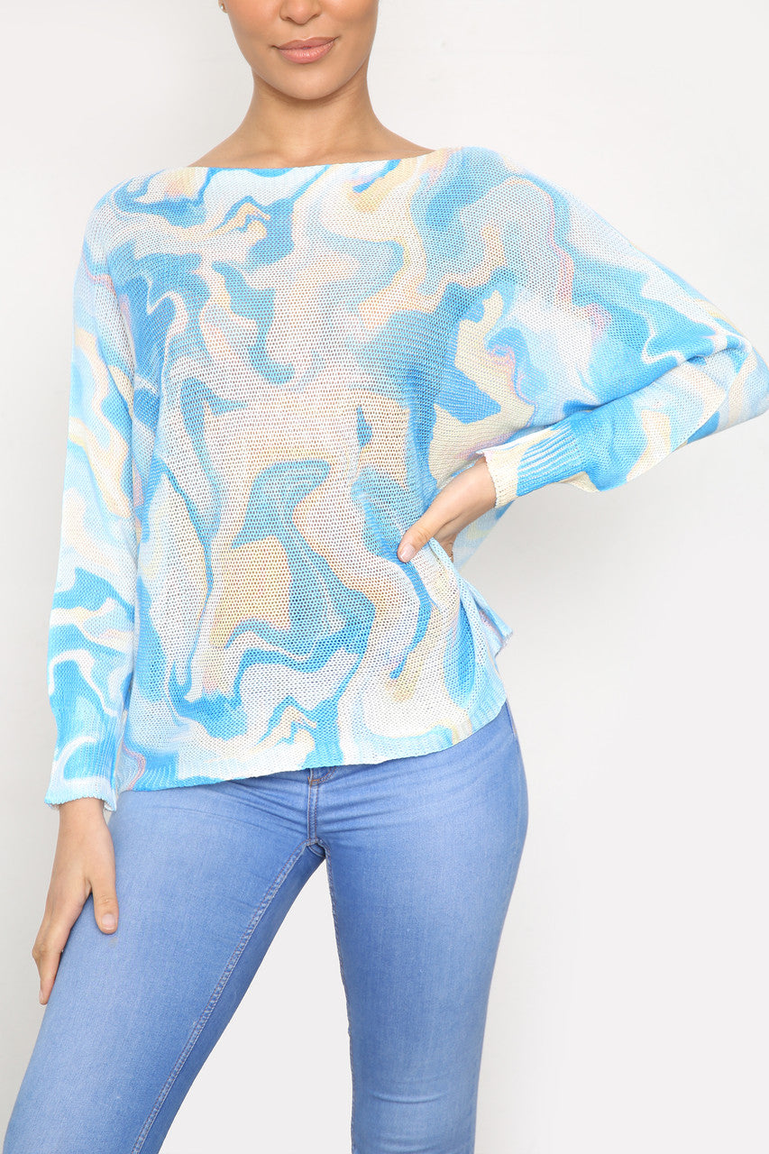 Dames Gebreide Top met Aquarelprint Blauw