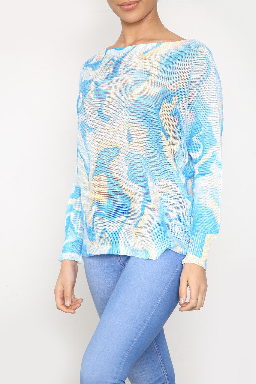 Dames Gebreide Top met Aquarelprint Blauw