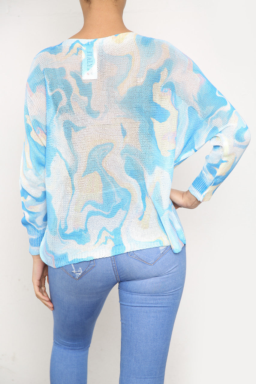Dames Gebreide Top met Aquarelprint Blauw