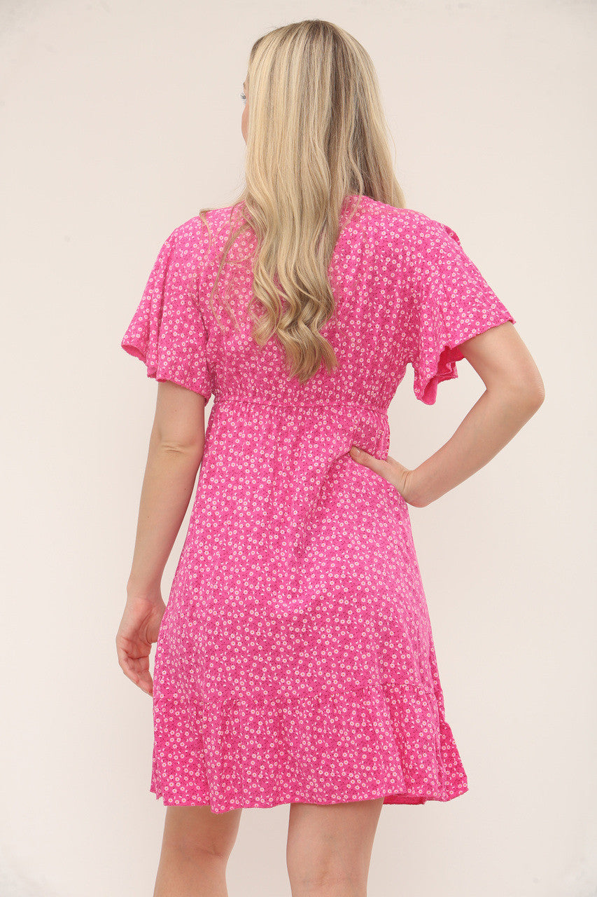 DITSY FLORAL PRINT BUTTON-FRONT DRESS - CERISE