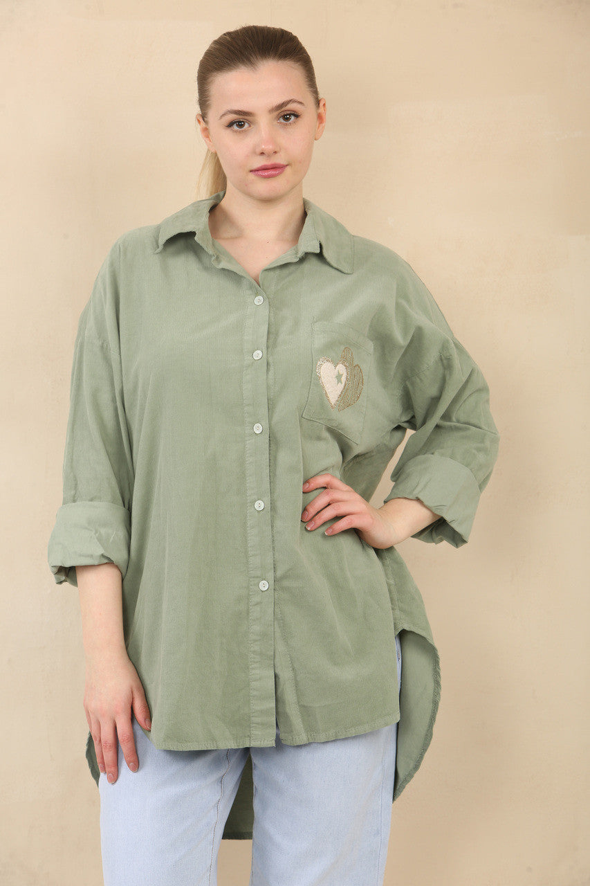 NEEDLECORD SHIRT WITH HEART STAMP POCKET DETAIL - KHAKI