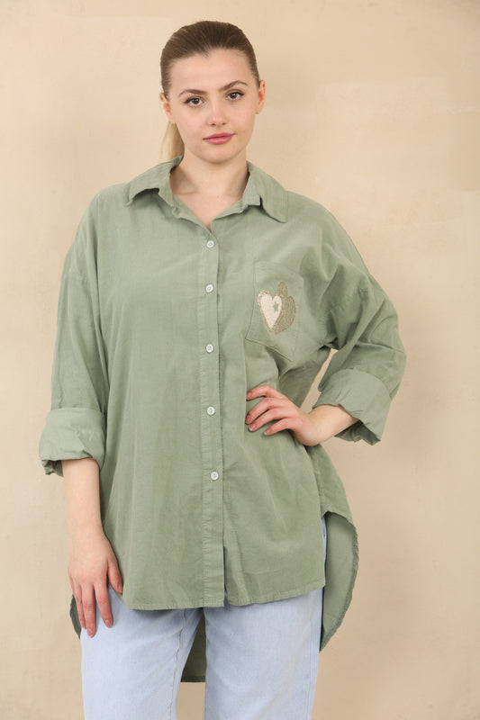 NEEDLECORD SHIRT WITH HEART STAMP POCKET DETAIL - KHAKI