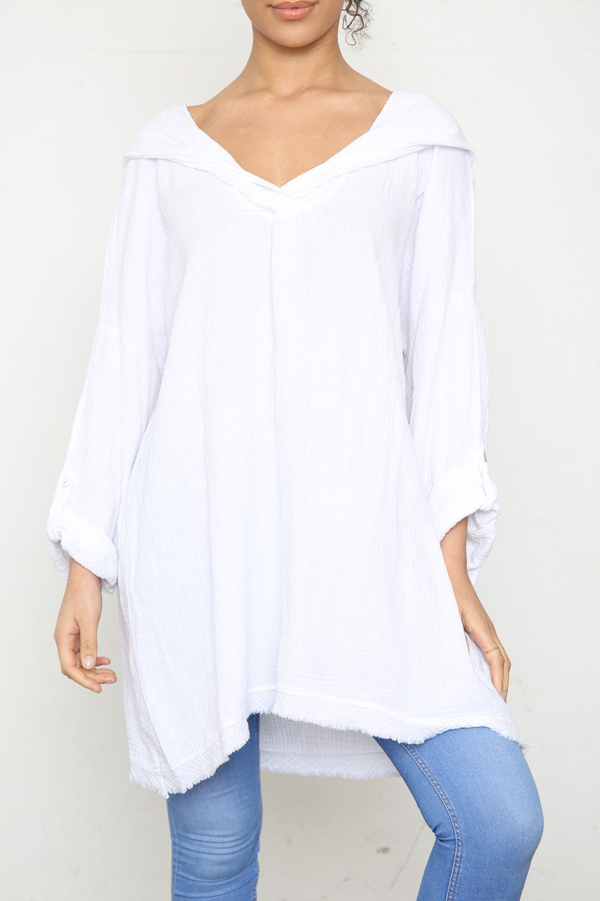 Ladies Hooded Plain Top White