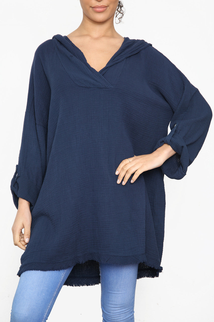 Ladies Hooded Plain Top Navy