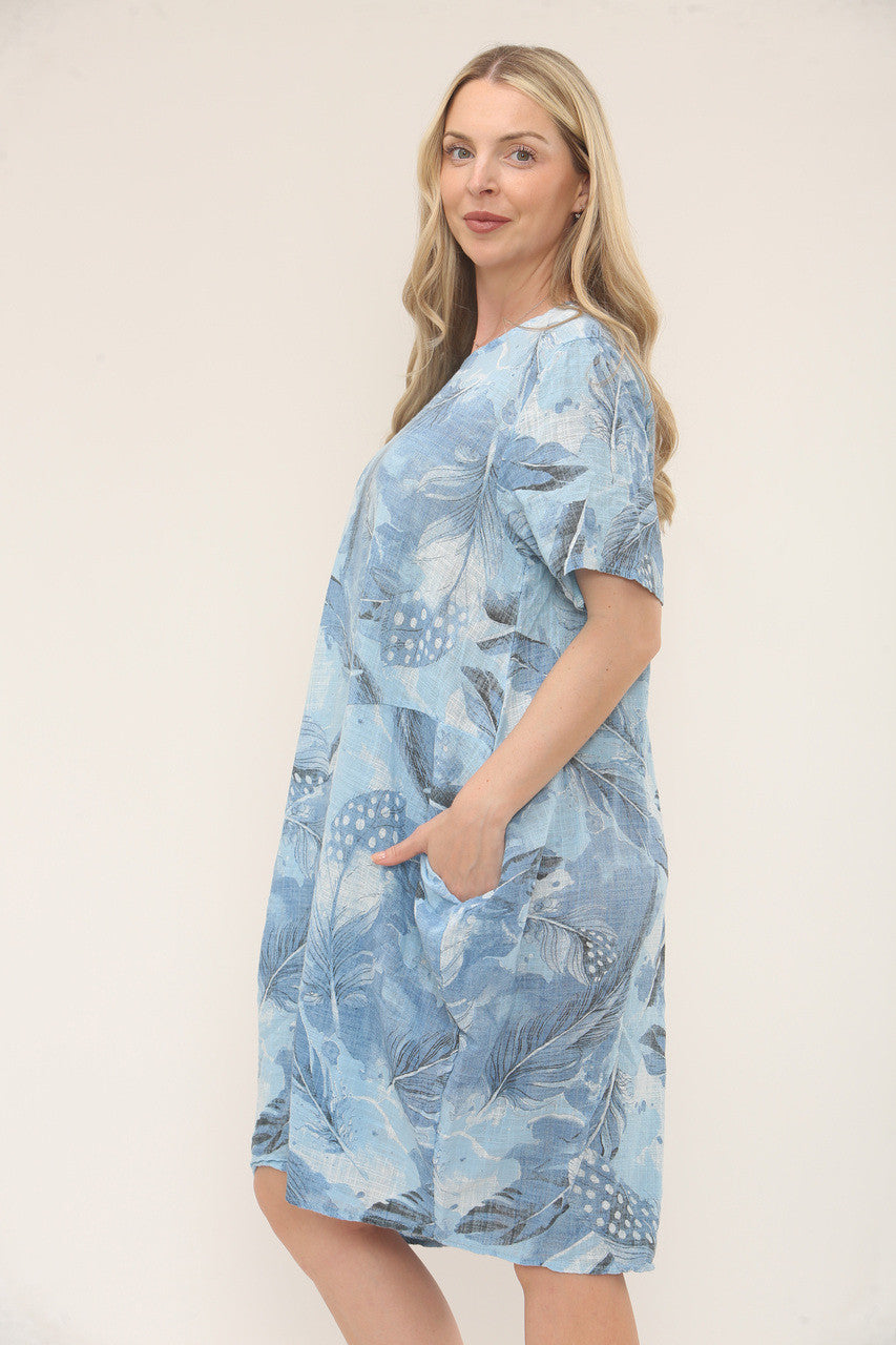 LEAF PRINT RELAXED FIT DRESS - SKY BLUE