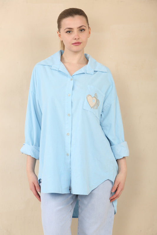 NEEDLECORD SHIRT WITH HEART STAMP POCKET DETAIL - LIGHT BLUE