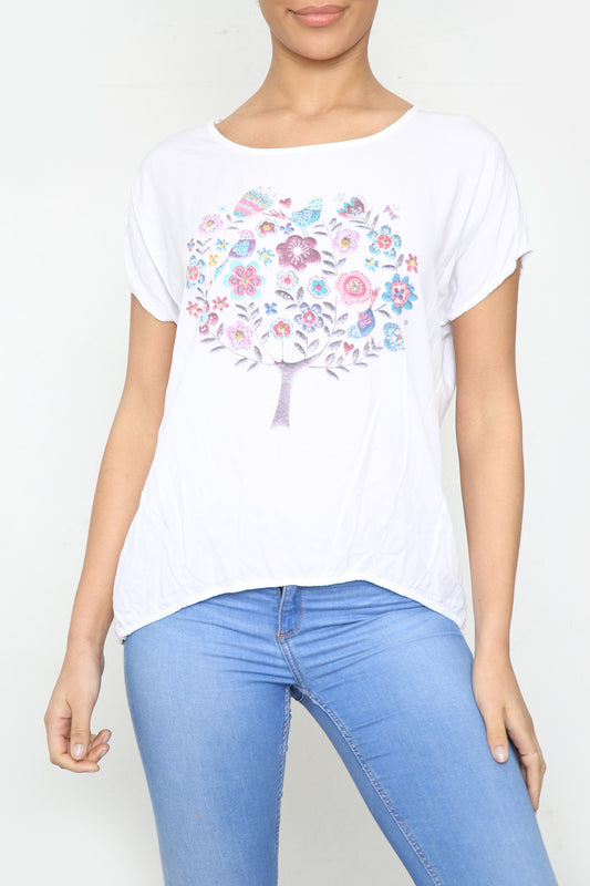 Ladies Floral Tree Graphic Top White