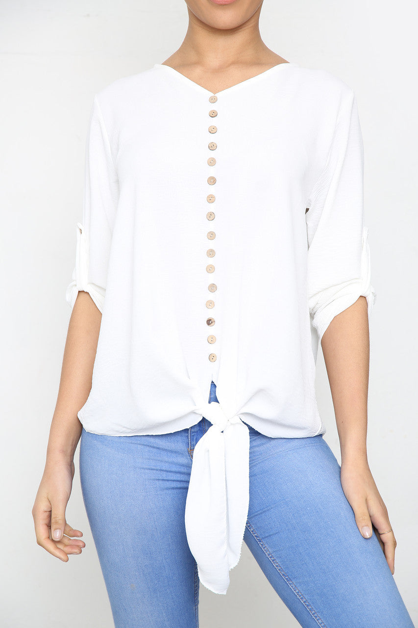 Ladies Button & Tie Front Detail Top White