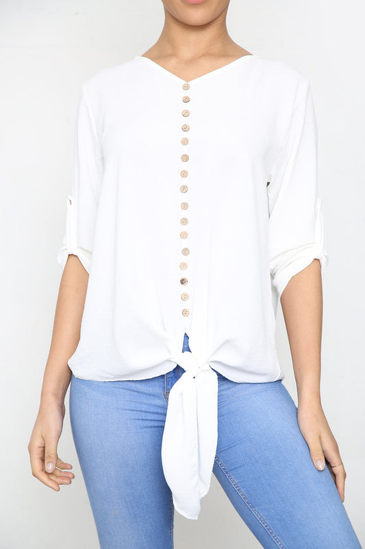 Ladies Button & Tie Front Detail Top White