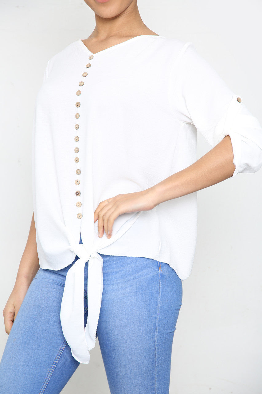 Ladies Button & Tie Front Detail Top White