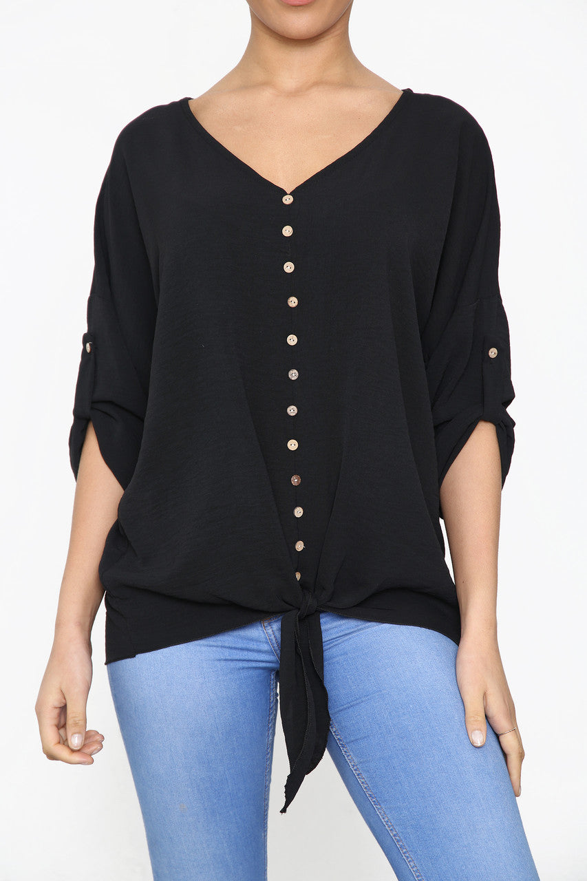 Dames Top Zwart met Knoop- en Strikdetail