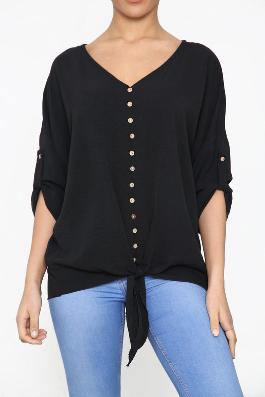 Ladies Button & Tie Front Detail Top Black