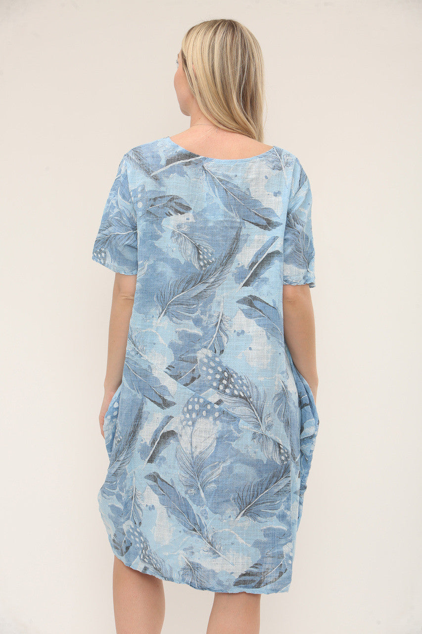 LEAF PRINT RELAXED FIT DRESS - SKY BLUE