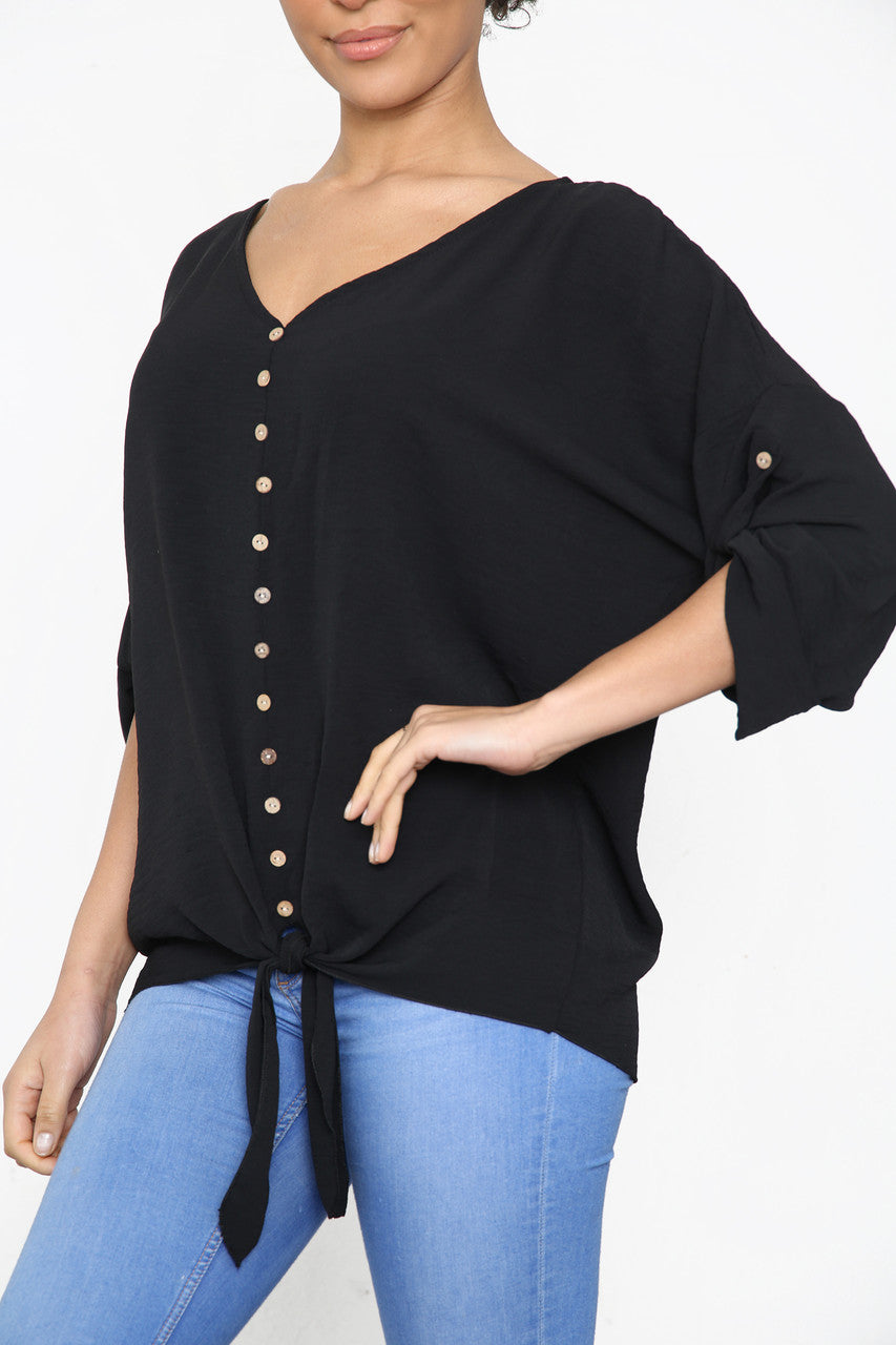Dames Top Zwart met Knoop- en Strikdetail