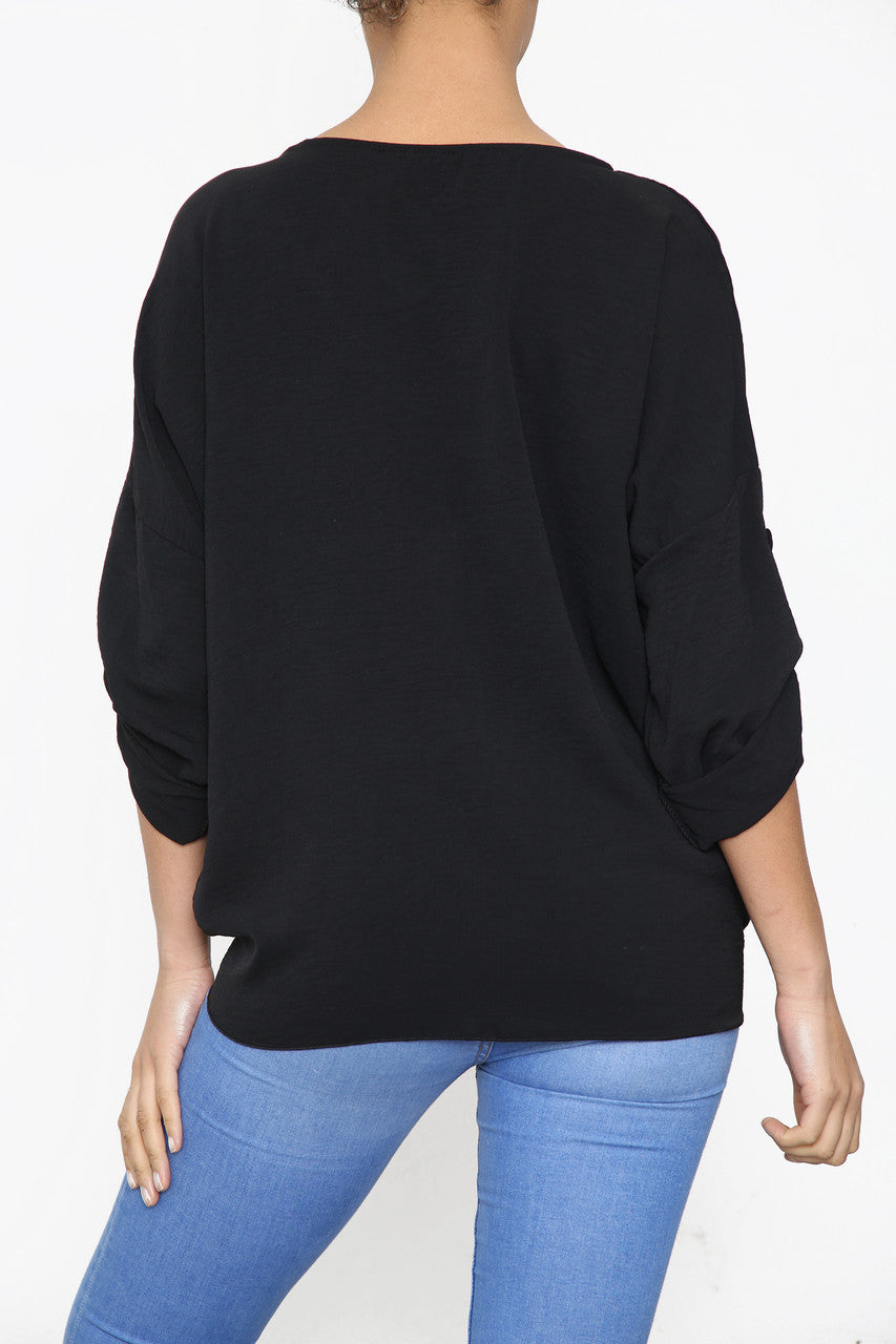 Dames Top Zwart met Knoop- en Strikdetail