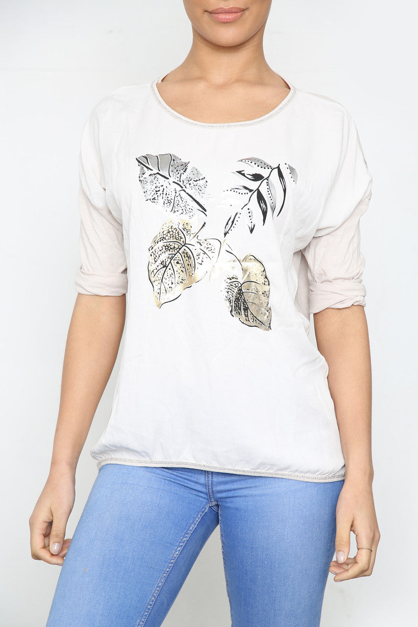 Ladies Foil Leaf Graphic Top Stone