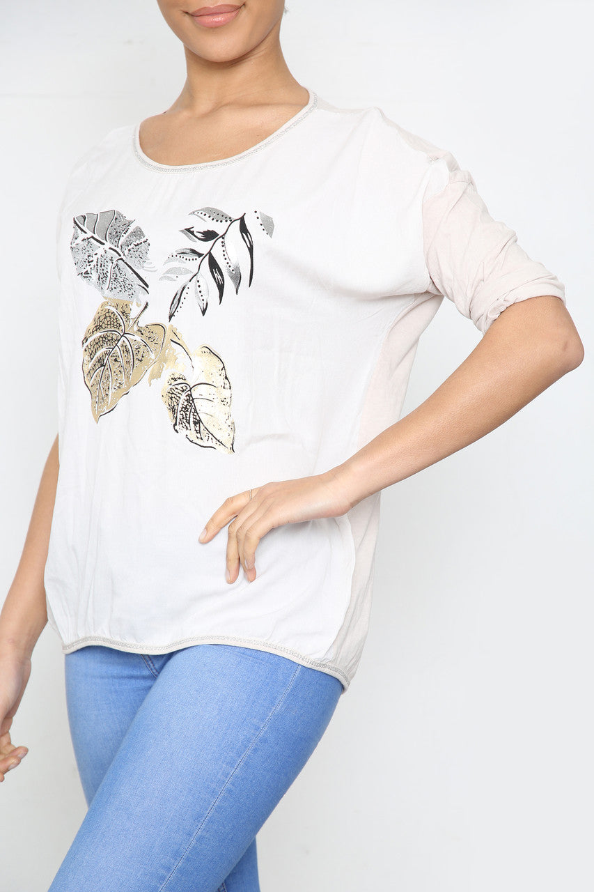 Ladies Foil Leaf Graphic Top Stone