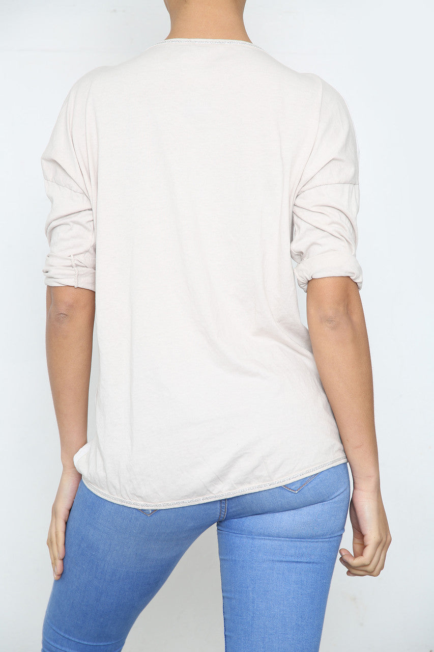 Ladies Foil Leaf Graphic Top Stone