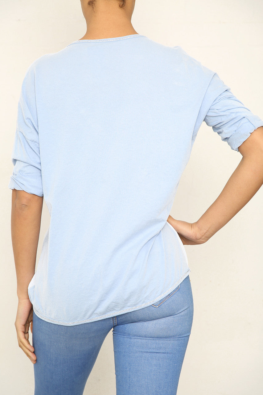 Damesfolie Top Met Bladmotief Hemelsblauw