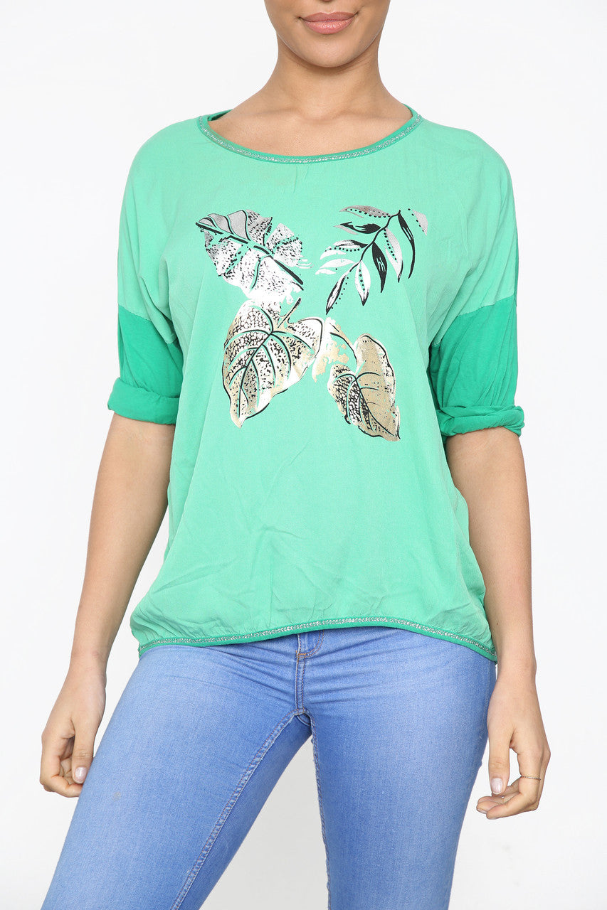 Dames Folie Blad Graphic Top Groen