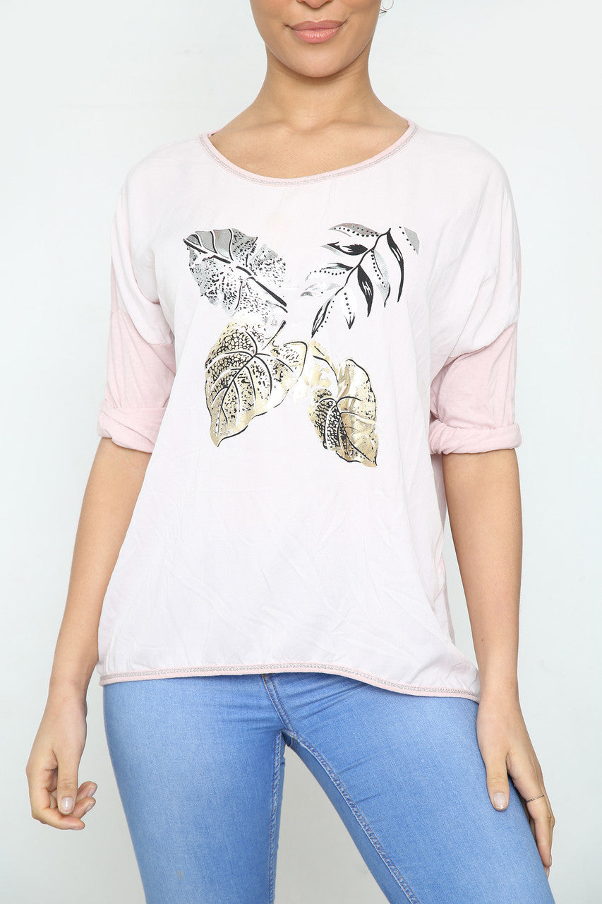 Damesfolie Blad Grafische Top Stoffig Roze