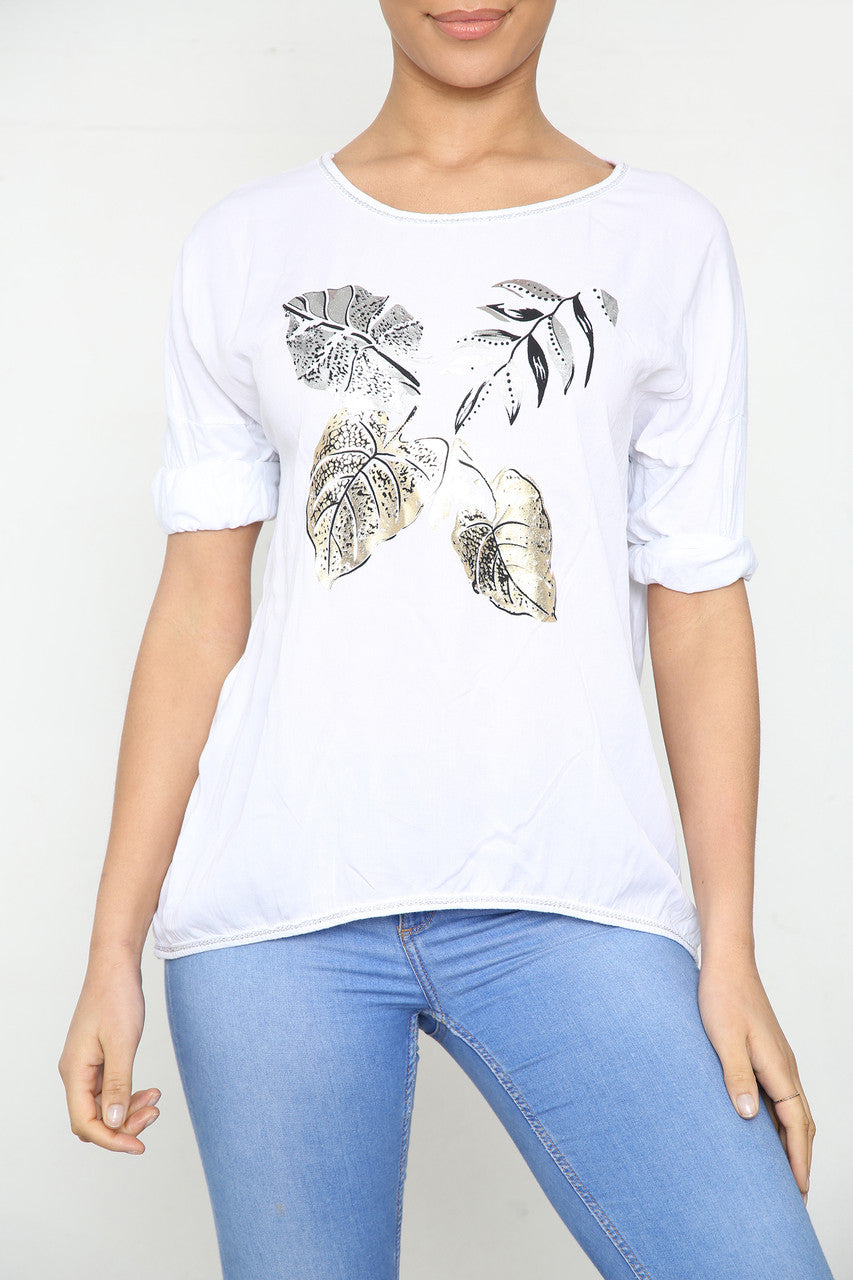 Ladies Foil Leaf Graphic Top White