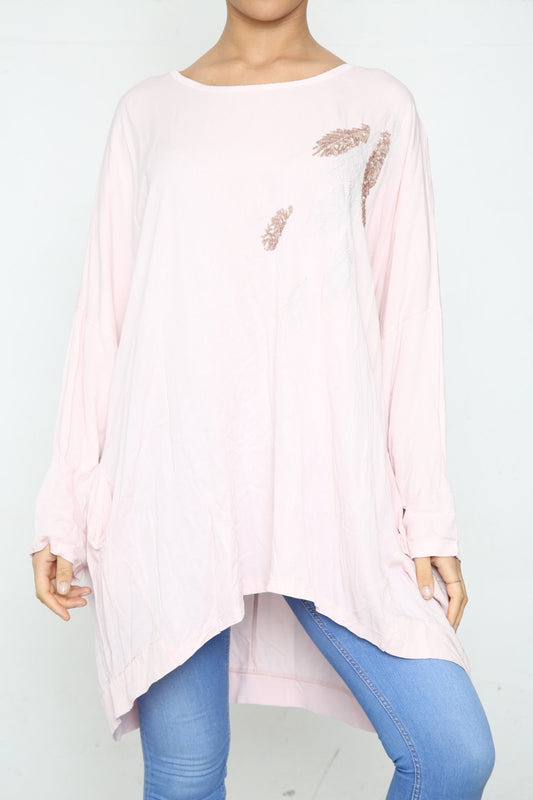Dames Pailletten Veer Schouderdetail Top Oudroze