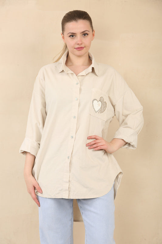 NEEDLECORD SHIRT WITH HEART STAMP POCKET DETAIL - STONE