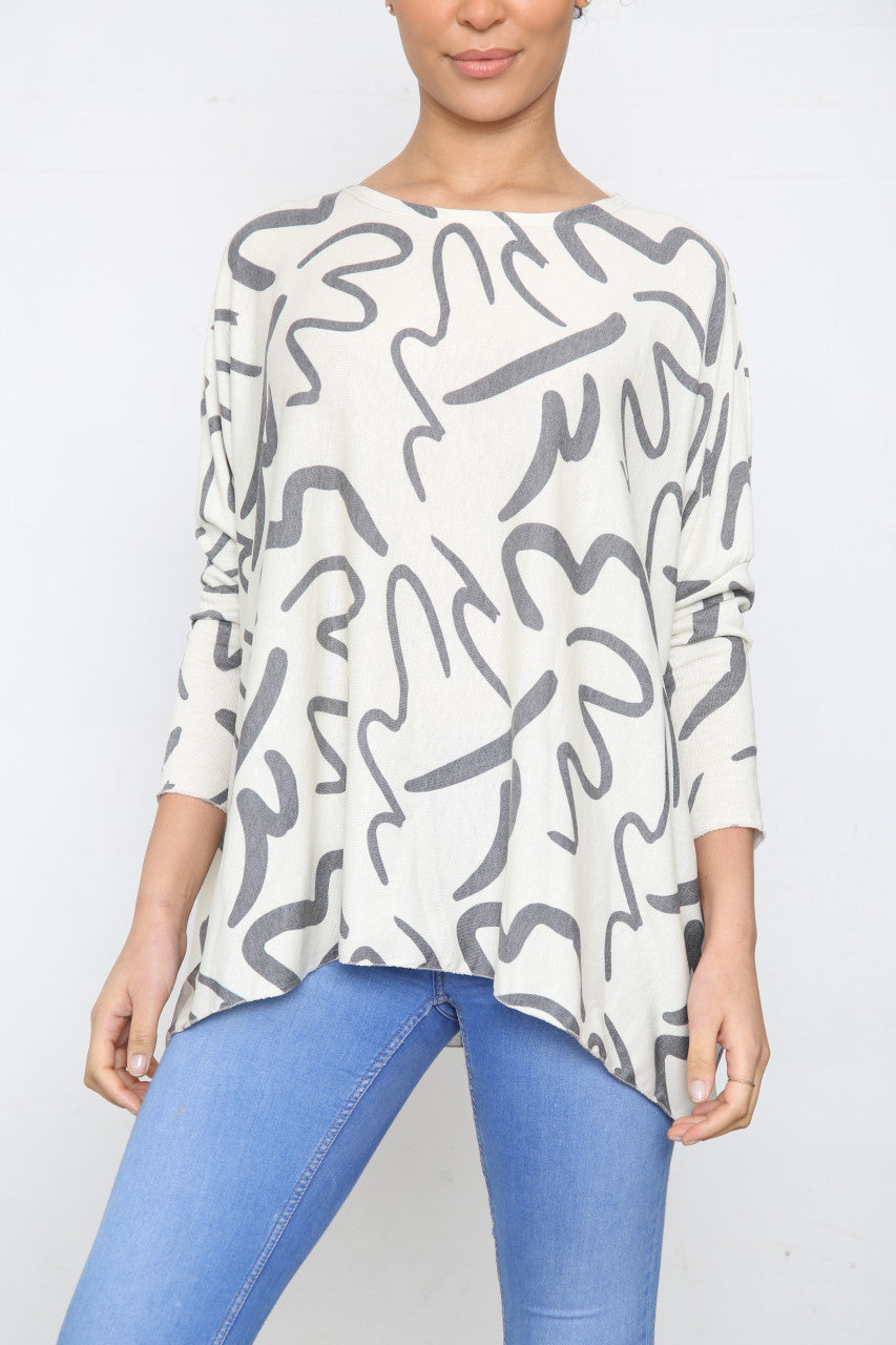 Dames Squiggle Print Fijn Gebreide Top Crème