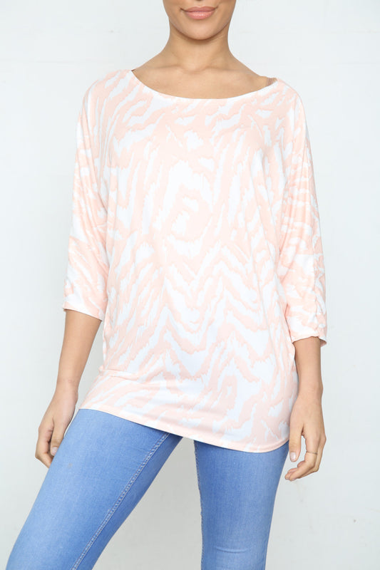 Ladies Animal Print Batwing Sleeve Top Peach