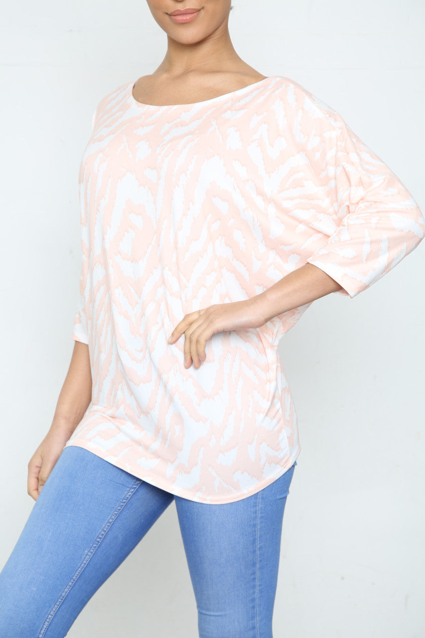 Ladies Animal Print Batwing Sleeve Top Peach