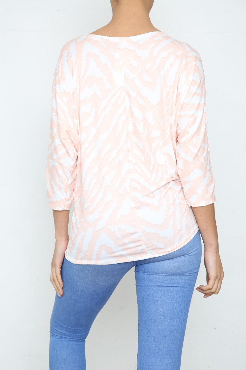Ladies Animal Print Batwing Sleeve Top Peach
