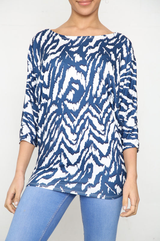 Ladies Animal Print Batwing Sleeve Top Navy