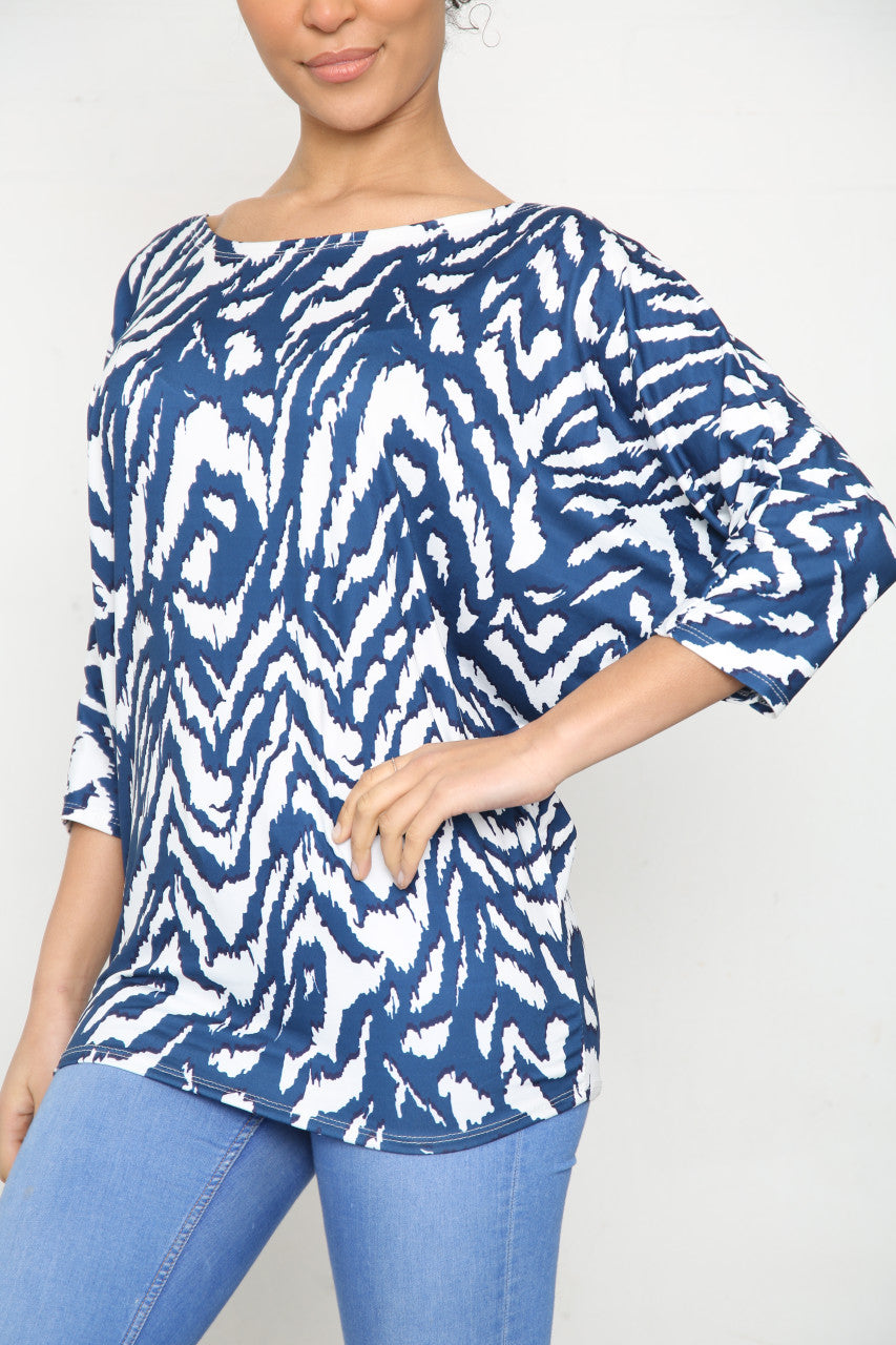 Ladies Animal Print Batwing Sleeve Top Navy